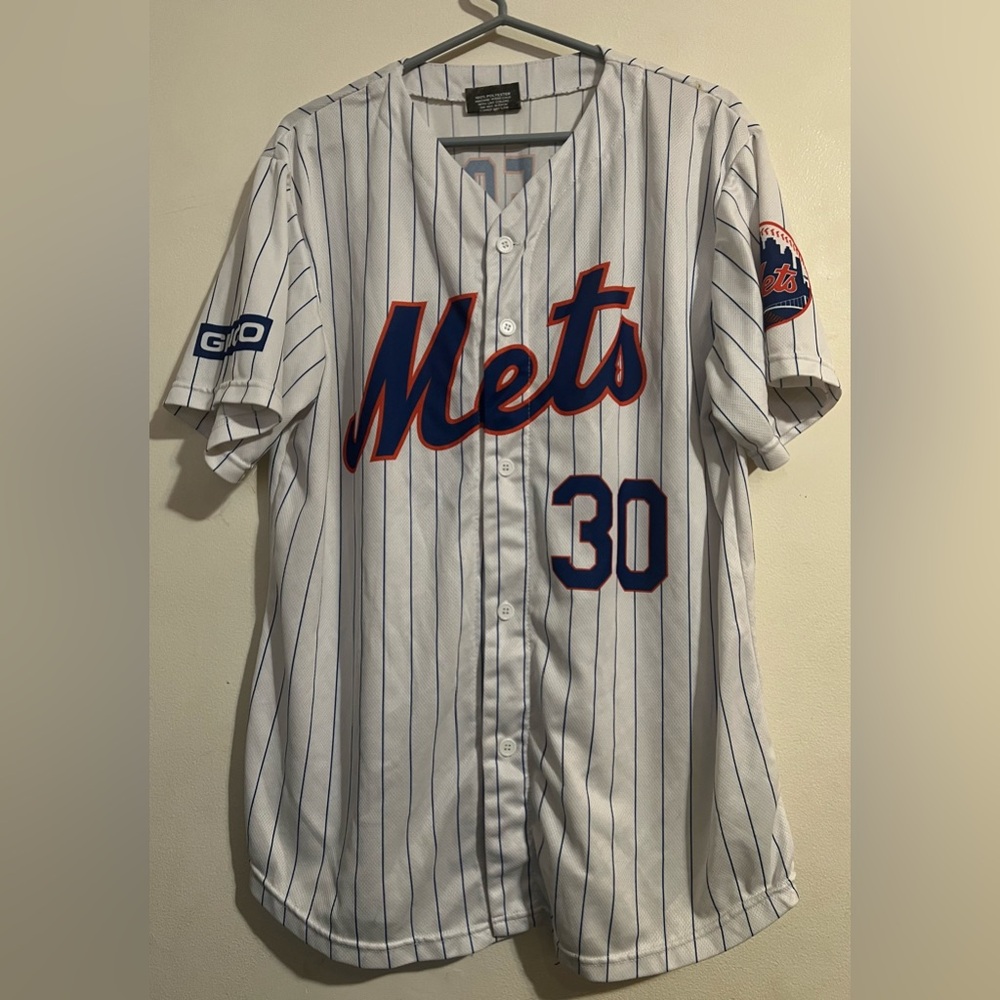 White and Blue Striped Mets Short Sleeve Tee